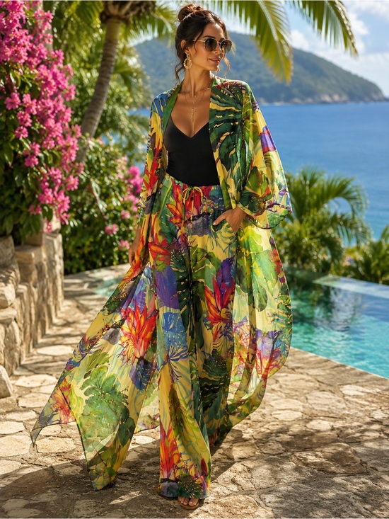 Ramona Larue Other - Ramona LaRue by Arianne Tropical Chiffon & Satin Crepe Pant Set – Size S/M NWOT